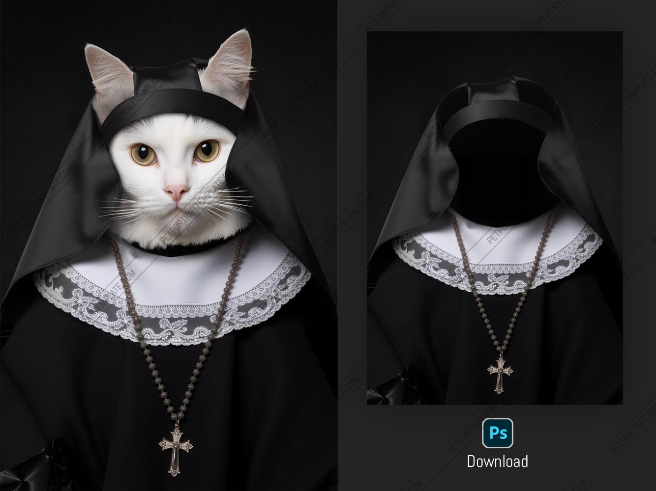 Cat “Nun” Pet Portrait PSD Template - Customizable Photoshop Smart‑Object