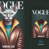 Magazine‑style pet portrait PSD template featuring a Sphynx cat wearing glasses and a leather jacket against a dark textured background.
