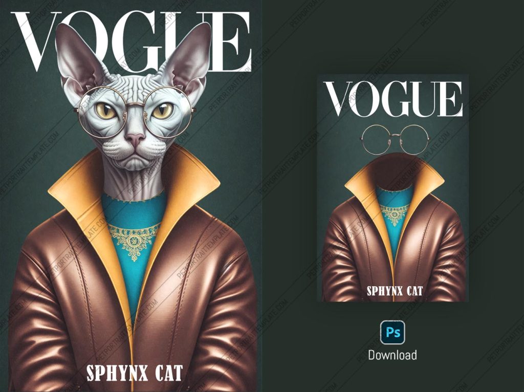 Magazine‑style pet portrait PSD template featuring a Sphynx cat wearing glasses and a leather jacket against a dark textured background.