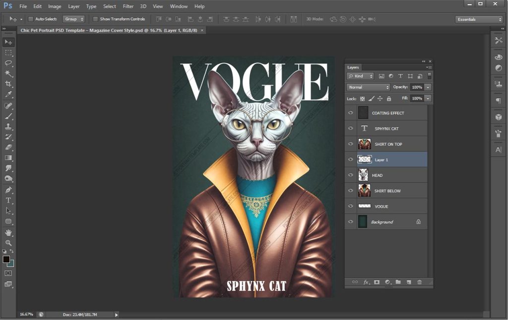 Photoshop layers panel showing organized layers for coat effect, cat head, shirt layers, magazine title, and background.