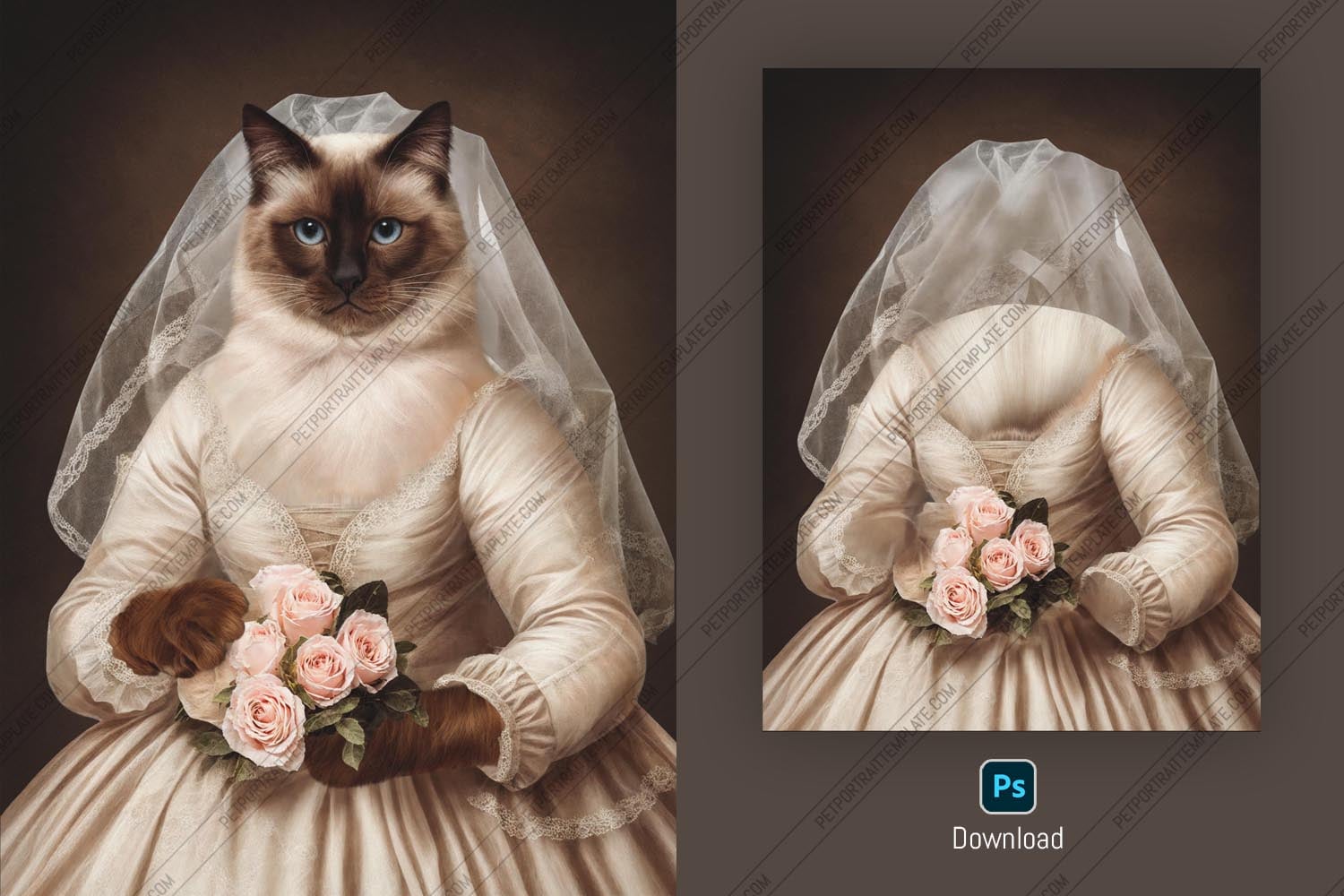 Customizable Bridal Cat Pet Portrait PSD Template - Layered Photoshop Mockup