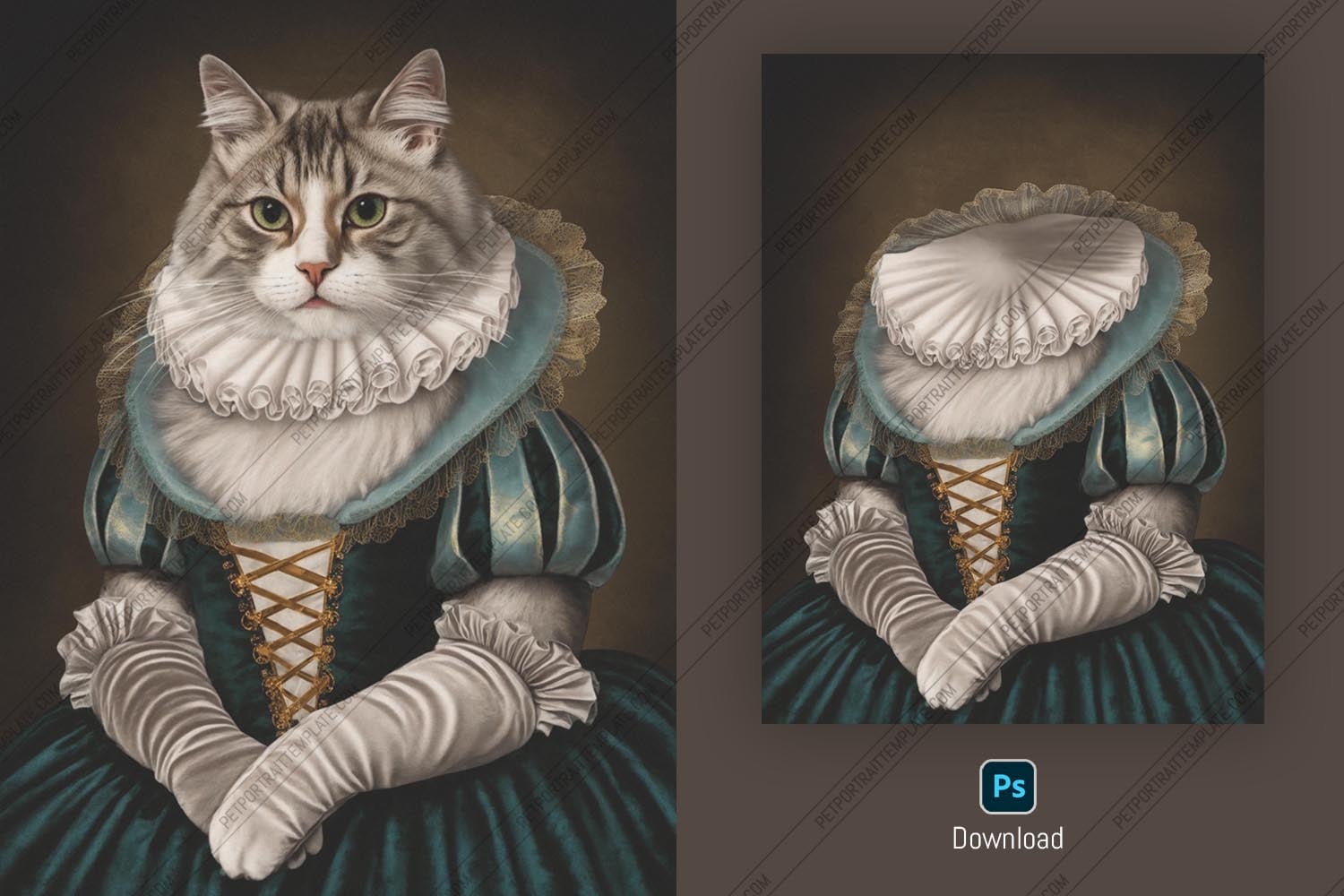 Customizable Renaissance Style Pet Portrait PSD Template - Smart Object Cat & Dog Artwork