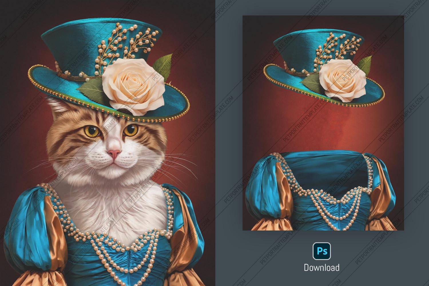 Customizable Victorian Pet Portrait PSD Template - Photoshop Cat Art Mockup