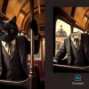 Black cat dressed in a three‑piece suit and tie, standing inside a vintage streetcar and holding a brass pole; showcased as a customizable pet‑portrait PSD template.
