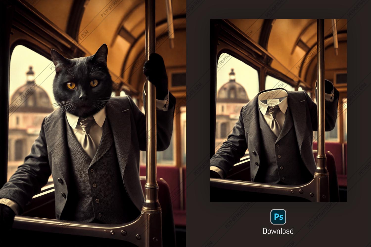 Black cat dressed in a three‑piece suit and tie, standing inside a vintage streetcar and holding a brass pole; showcased as a customizable pet‑portrait PSD template.