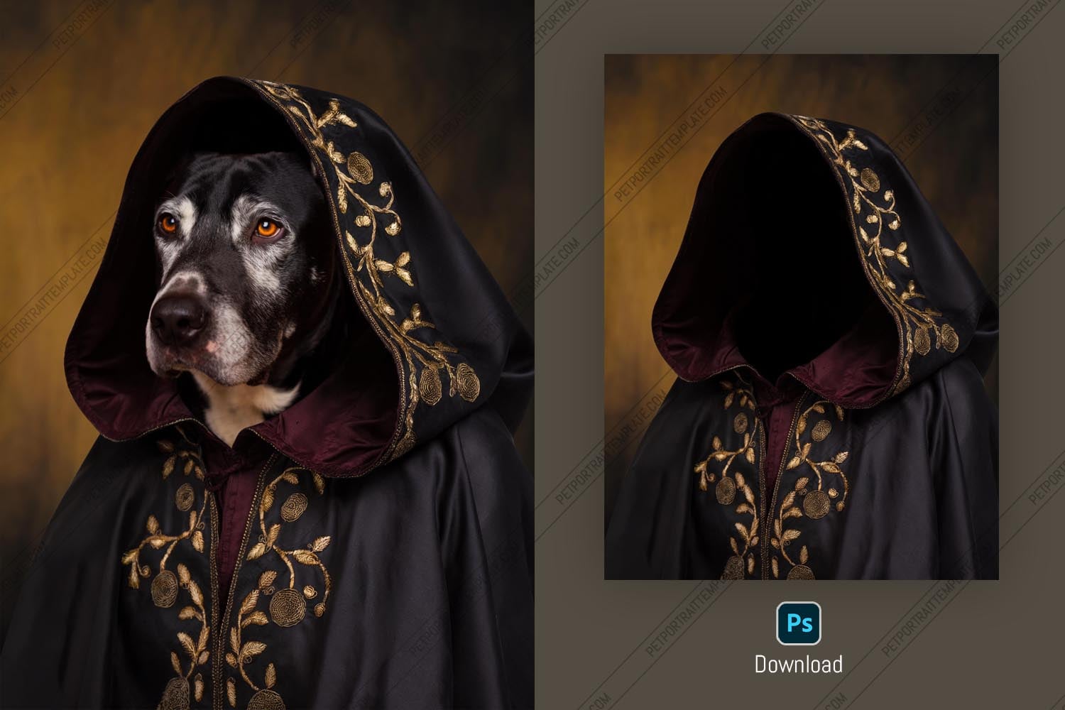 Pet Portrait PSD Template - Dog in Embroidered Cloak Mockup, Fully Layered Photoshop File