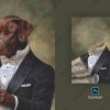 A brown dog wearing a tuxedo, bow tie, and round glasses, reading a newspaper against a textured backdrop in a Photoshop portrait mockup.