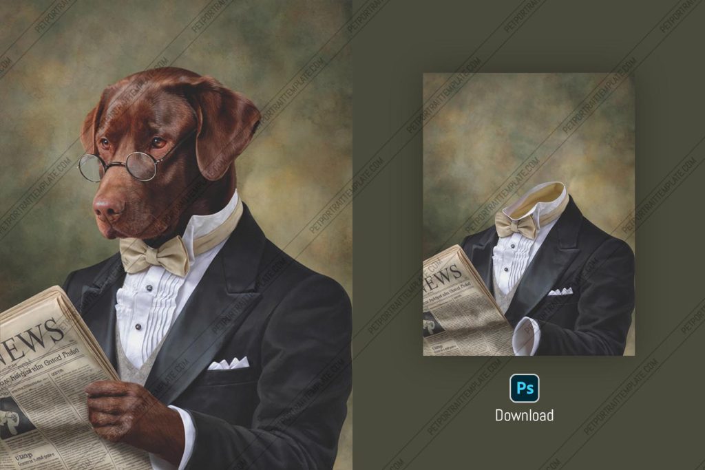 A brown dog wearing a tuxedo, bow tie, and round glasses, reading a newspaper against a textured backdrop in a Photoshop portrait mockup.