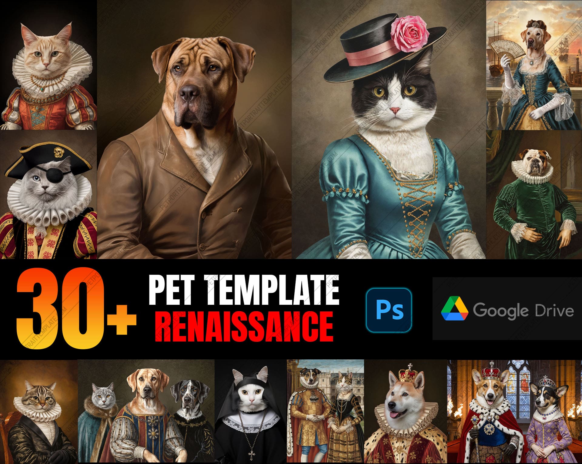 Set of 30+ Renaissance Style Pet Portrait PSD Templates
