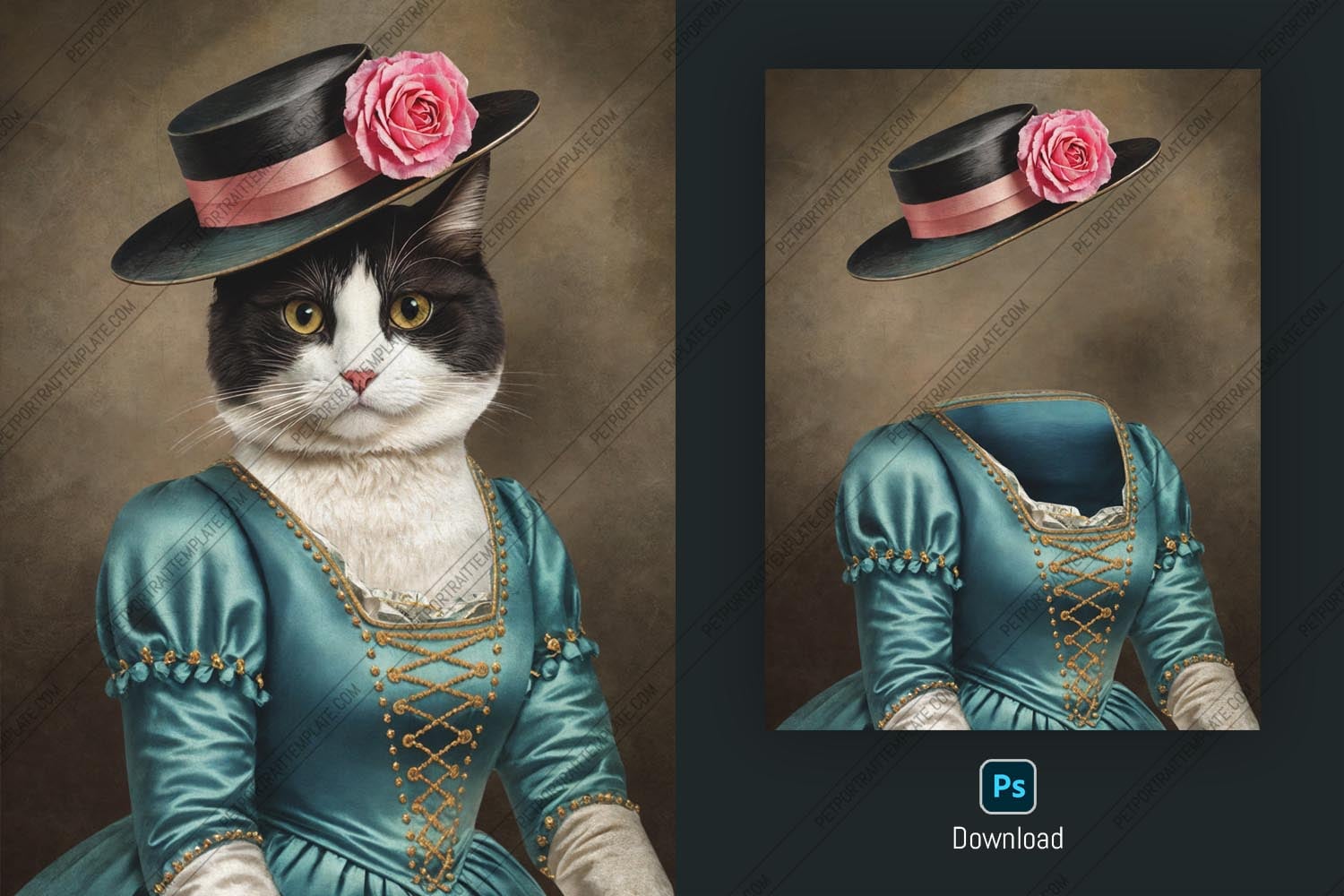 Victorian Cat Portrait PSD Template - Editable Pet Art Mockup