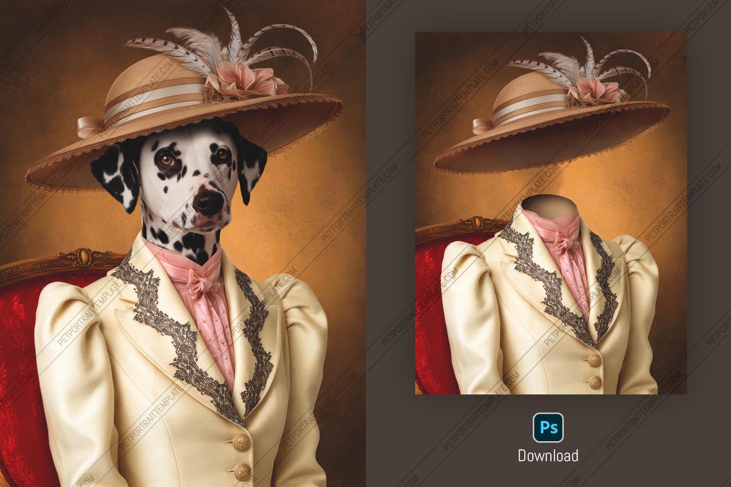Victorian Style Pet Portrait PSD Template - Customizable Dog & Cat Photoshop Artwork